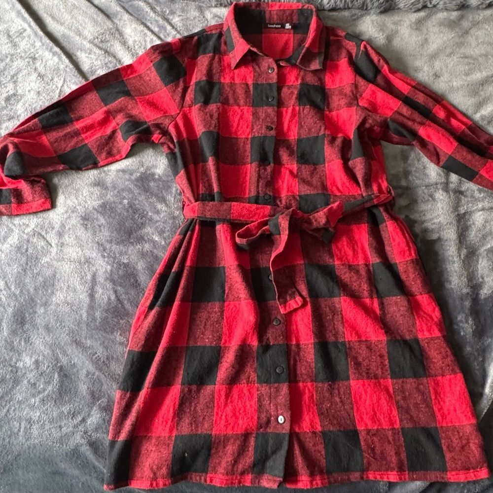 Red Black Plaid Shirt Dress Womens 14 Belted Casual Chic Dress NWT Boohoo - Picture 7 of 9